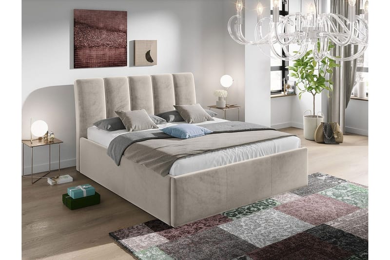 Aviemore sängynrunko 140x200 cm samettia sängynpäädyllä ja säilytystilalla - Beige - Huonekalut - Sänky - Sänkykehikot & sängynrungot
