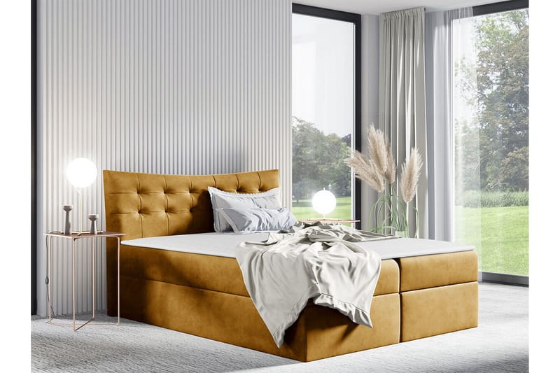 Hayton sänkypaketti 140x200 cm samettia säilytystilalla + sängynpääty + petauspatja - Keltainen - Huonekalut - Sänky - Sänkykehikot & sängynrungot