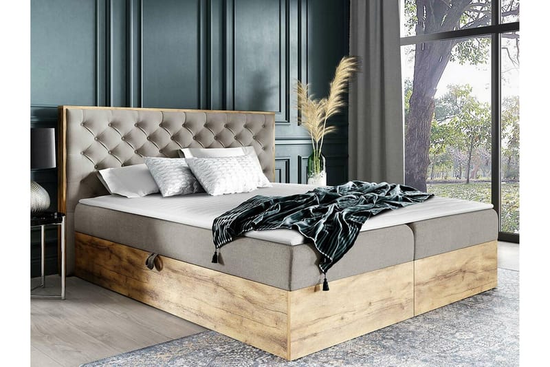 Oberting sänkypaketti 200x200 cm kangasta säilytyksellä ja sängynpäädyllä + petauspatja - Vaaleanbeige - Huonekalut - Sänky - Sänkykehikot & sängynrungot