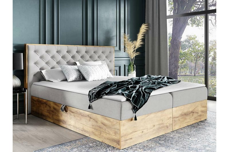 Oberting sänkypaketti 200x200 cm kangasta säilytyksellä ja sängynpäädyllä + petauspatja - Vaaleanharmaa - Huonekalut - Sänky - Sänkykehikot & sängynrungot