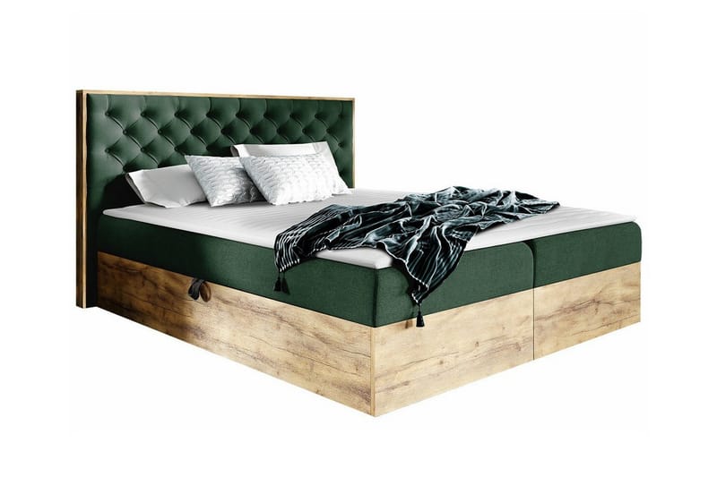 Oberting sänkypaketti säilytyksellä 200x200 cm kangasta sängynpäädyllä + petauspatja, Tummanvihreä