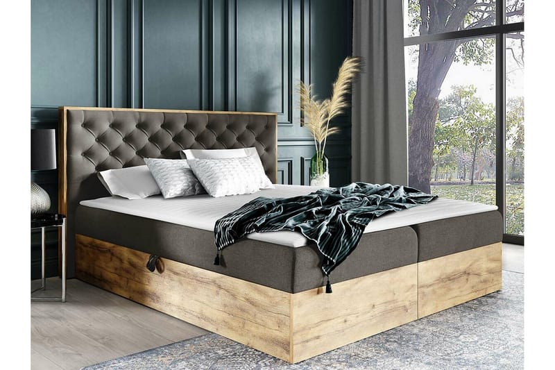 Oberting sänkypaketti säilytyksellä 200x200 cm kangasta sängynpäädyllä + petauspatja - Ruskea - Huonekalut - Sänky - Sänkykehikot & sängynrungot