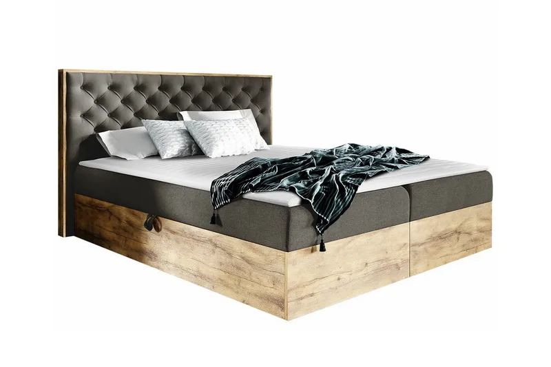 Oberting sänkypaketti säilytyksellä 200x200 cm kangasta sängynpäädyllä + petauspatja, Ruskea