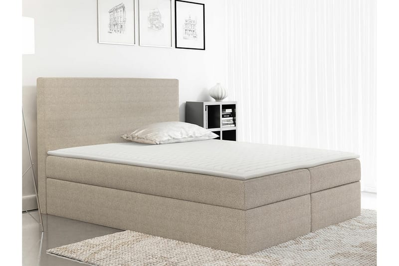 Pries sänkypaketti 160x200 cm kangasta sängynpäädyllä + petauspatja, kovuusaste Medium - Beige - Huonekalut - Sänky - Sänkykehikot & sängynrungot