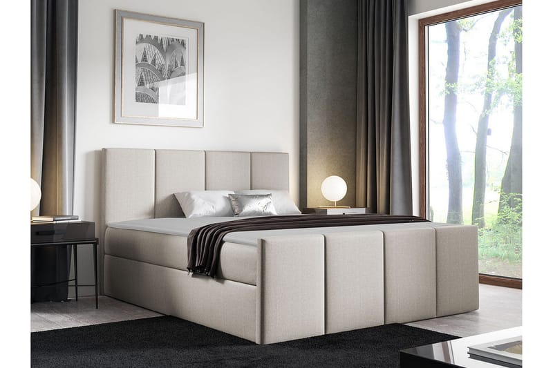 Ripon sänkypaketti 120x200 cm kangasta sängynpäädyllä + petauspatja kovuusaste medium - Beige - Huonekalut - Sänky - Sänkykehikot & sängynrungot