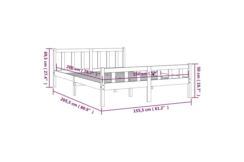 Sängynrunko harmaa täysi puu 150x200 cm 5FT King Size - Harmaa - Sänkykehikot & sängynrungot