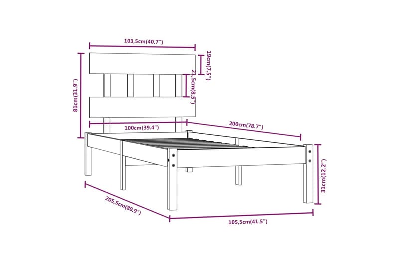 Sängynrunko hunajanruskea täysi puu 100x200 cm - Ruskea - Huonekalut - Sänky - Sänkykehikot & sängynrungot