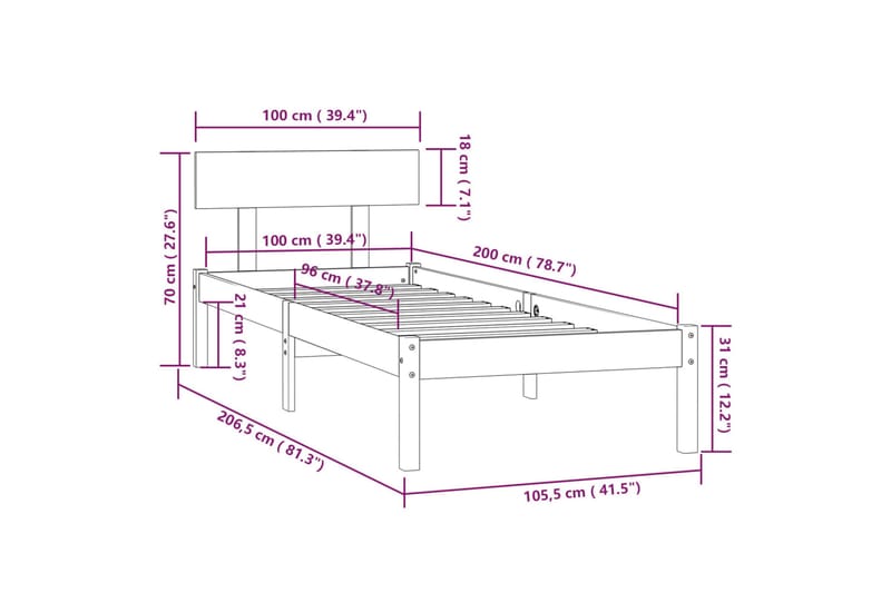 Sängynrunko musta täysi mänty 100x200 cm - Musta - Huonekalut - Sänky - Sänkykehikot & sängynrungot