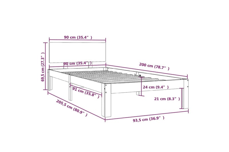 Sängynrunko valkoinen täysi mänty 90x200 cm - Valkoinen - Huonekalut - Sänky - Sänkykehikot & sängynrungot