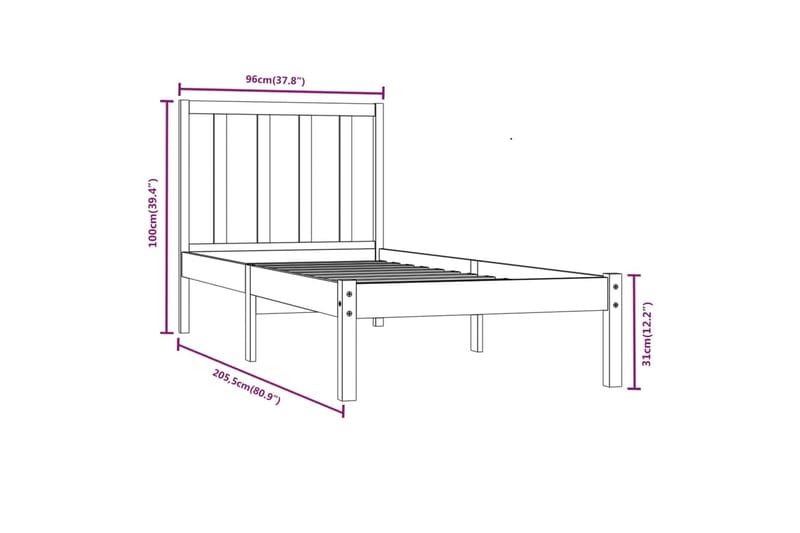 Sängynrunko valkoinen täysi mänty 90x200 cm - Valkoinen - Huonekalut - Sänky - Sänkykehikot & sängynrungot