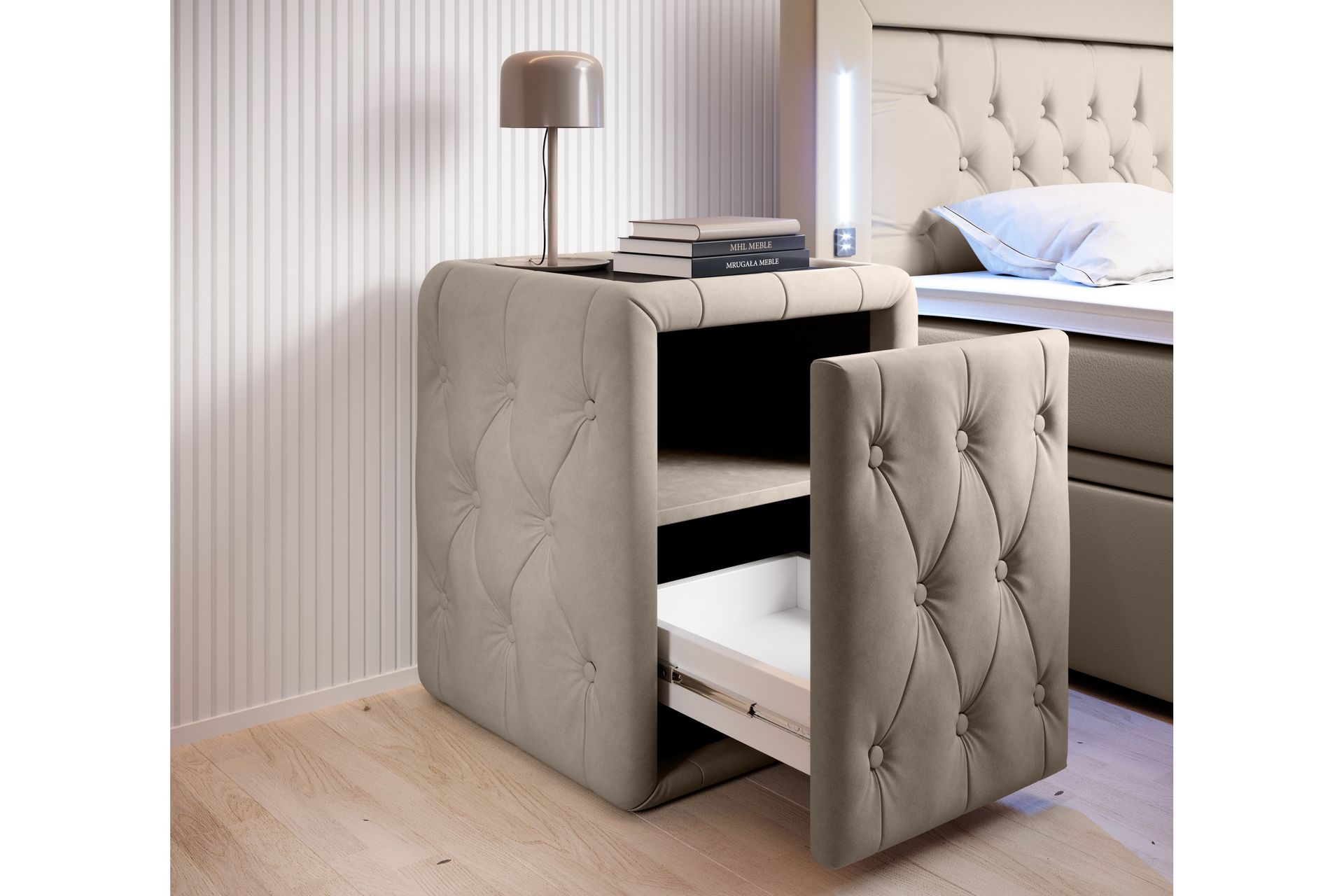 Sänkypaketti Celio 180x200 Laatikko + 2 kpl Franco Yöpöytä - Beige/Sametti - Huonekalut - Sänky - Sänkypaketti
