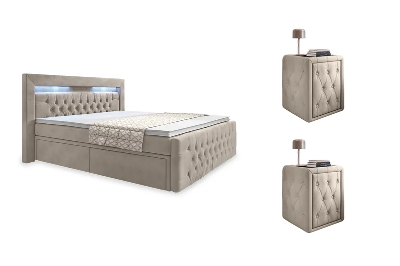 Sänkypaketti Celio 180x200 Laatikko + 2 kpl Franco Yöpöytä, Beige/Sametti