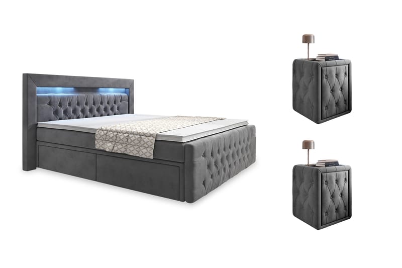 Sänkypaketti Celio 180x200 Laatikko + 2 kpl Franco Yöpöytä - Harmaa/Sametti - Huonekalut - Sänky - Sängyt säilytystilalla