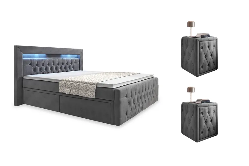 Sänkypaketti Celio 180x200 Laatikko + 2 kpl Franco Yöpöytä, Harmaa/Sametti