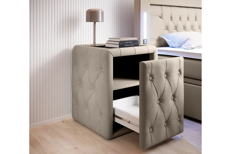 Sänkypaketti Celio 180x200 Laatikko + 2 kpl Franco Yöpöytä - Beige/Sametti - Huonekalut - Sänky - Sängyt säilytystilalla