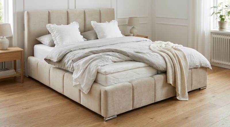 Cleaton sängynrunko 180x200 cm säilytystilalla, HVILA-joustinpatja ja sijauspatja memoryvaahdosta sekä pestävä päällinen - Beige - Huonekalut - Sänky - Sänkypaketti