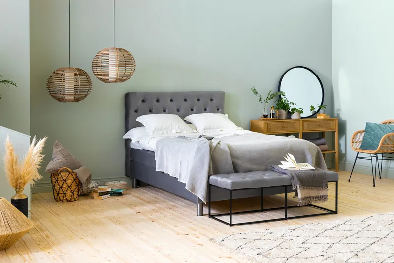 Sänkypaketti Rebeca 120x200 cm Topattu pääty - Vaaleanharmaa/Sametti - Huonekalut - Sänky - Jenkkisängyt