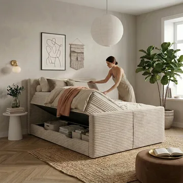 Sänkypaketti Sorvin-jenkkisänky 140x200 cm nostettavalla säilytystilalla - Kerma / luonnonvalkoinen / norsunluu - Huonekalut - Sänky - Sängyt säilytystilalla