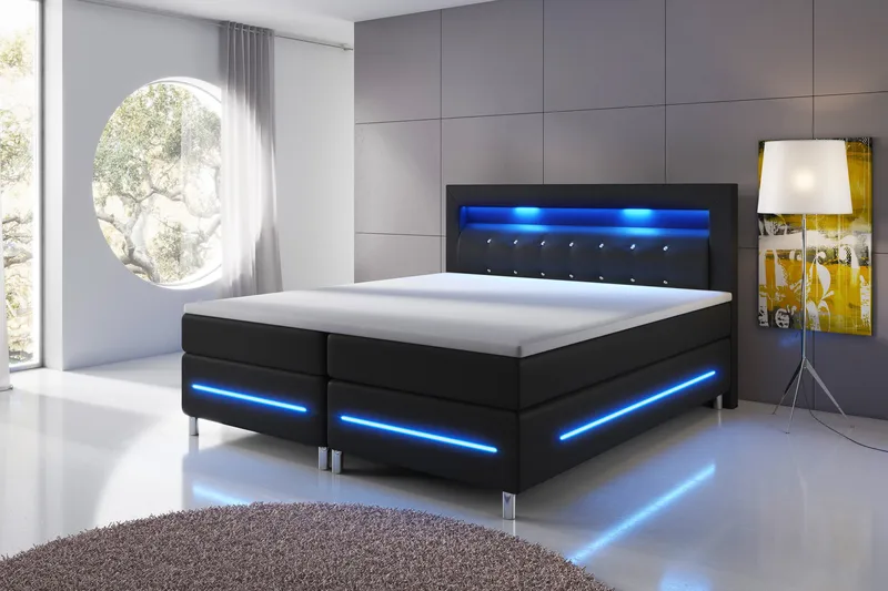 Sänkypaketti Pisa Lyx 140x200 LED Pikeerattu Pääty Keinonahk, Musta