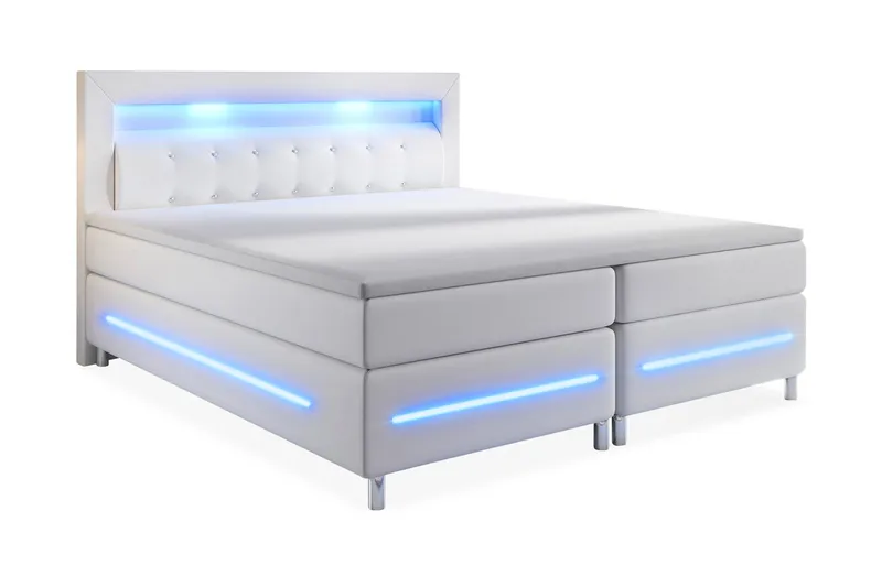 Sänkypaketti Pisa Lyx 180x200 LED Pikeerattu Pääty Keinonahk, Valkoinen