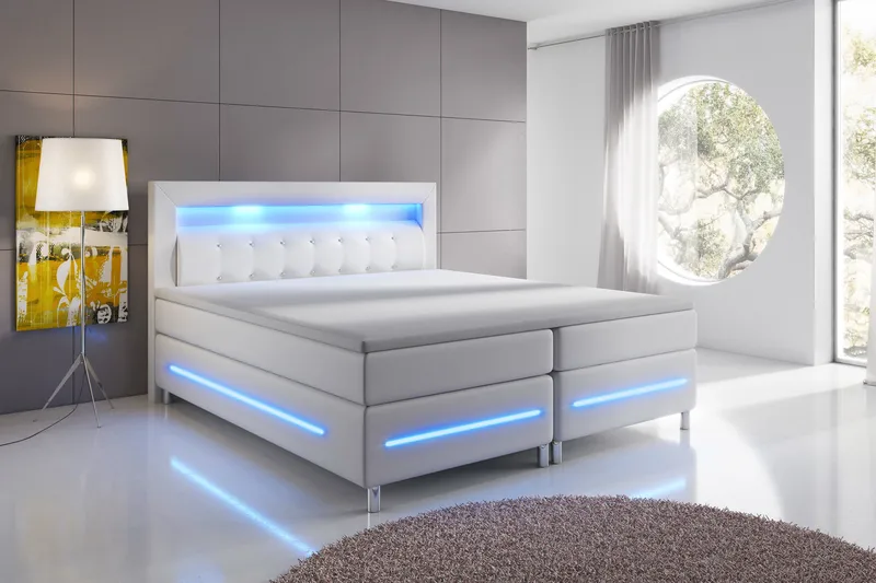 Sänkypaketti Pisa Lyx 180x200 LED Pikeerattu Pääty Keinonahk - Valkoinen - Huonekalut - Sänky - Jenkkisängyt