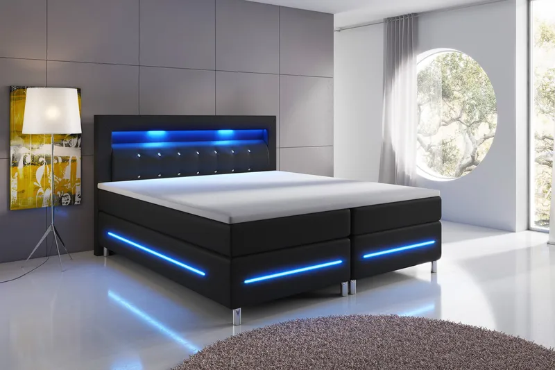 Sänkypaketti Pisa Lyx 160x200 LED Pikeerattu Pääty Keinonahk - Musta - Huonekalut - Sänky - Jenkkisängyt