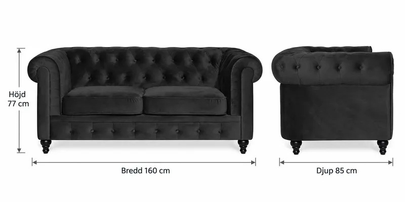 Chesterfield Lyx 2-istuttava pieni samettisohva – Syvä sohva 160 cm leveä - Musta - Huonekalut - Sohva - 2:n istuttava sohva