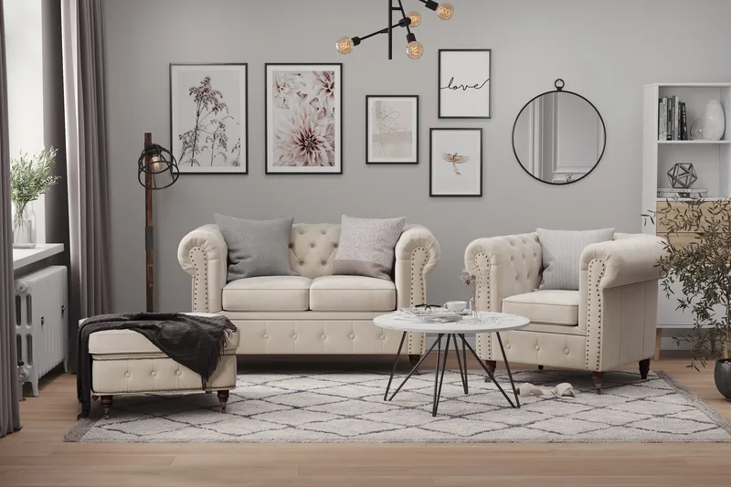 Samettisohva Chester Deluxe 2:n ist - Beige - Huonekalut - Sohva - 2:n istuttava sohva