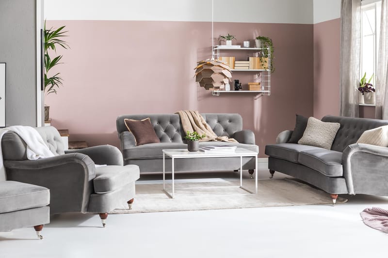 Howard Riviera 3-istuttava Kaareva Samettisohva - Vaaleanharmaa - Huonekalut - Sohva - 3:n istuttava sohva