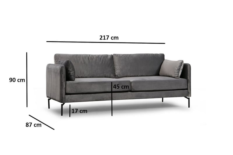 Mezonzo 3-istuttava samettisohva 217 cm korkeilla jaloilla - Harmaa - Huonekalut - Sohva - 3:n istuttava sohva