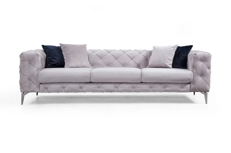 Mezonzo 3-istuttava syvään napitettu Chesterfield sohva 237 cm samettia, Harmaa