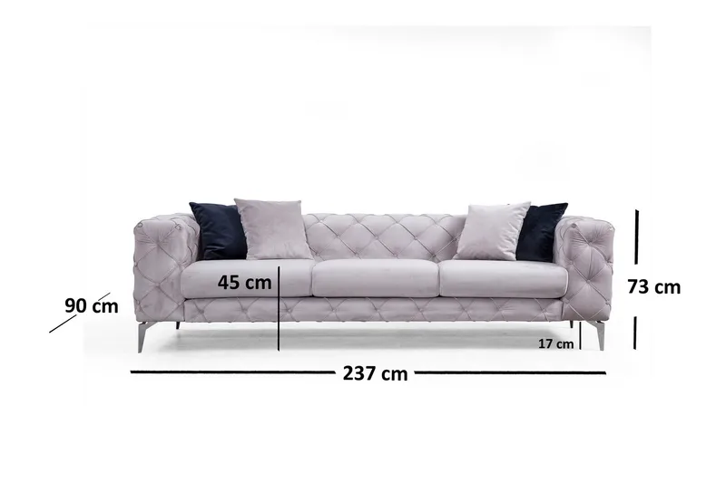 Mezonzo 3-istuttava syvään napitettu Chesterfield sohva 237 cm samettia - Harmaa - Huonekalut - Sohva - 3:n istuttava sohva