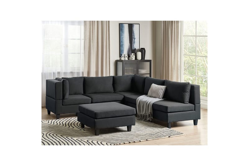5-sits Hörnsoffa med fotpall Beliani Unstad Beige/svart, Högervänd, Polyester Black - Huonekalut - Sohva - Moduulisohva
