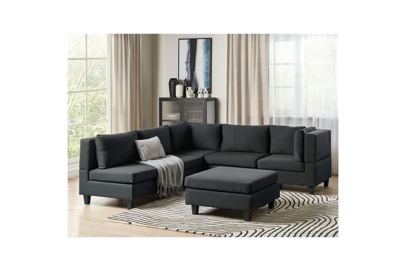 5-sits Hörnsoffa med fotpall Beliani Unstad Blå/Svart, Vänstervänd, Polyester Black - Huonekalut - Sohva - Moduulisohva