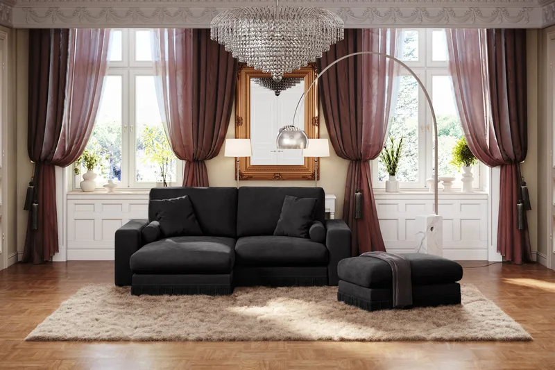 Arken Lyx 3-istuttava Käännettävä L-muotoinen Syvä Divaanisohva Sametista - Musta - Huonekalut - Sohva - Divaanisohva - 3 istuttava sohva divaanilla