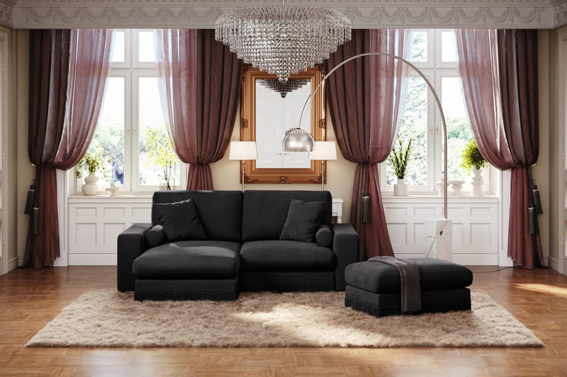 Arken Lyx 3-istuttava Käännettävä L-muotoinen Syvä Divaanisohva Sametista - Musta - Huonekalut - Sohva - Divaanisohva - 3 istuttava sohva divaanilla