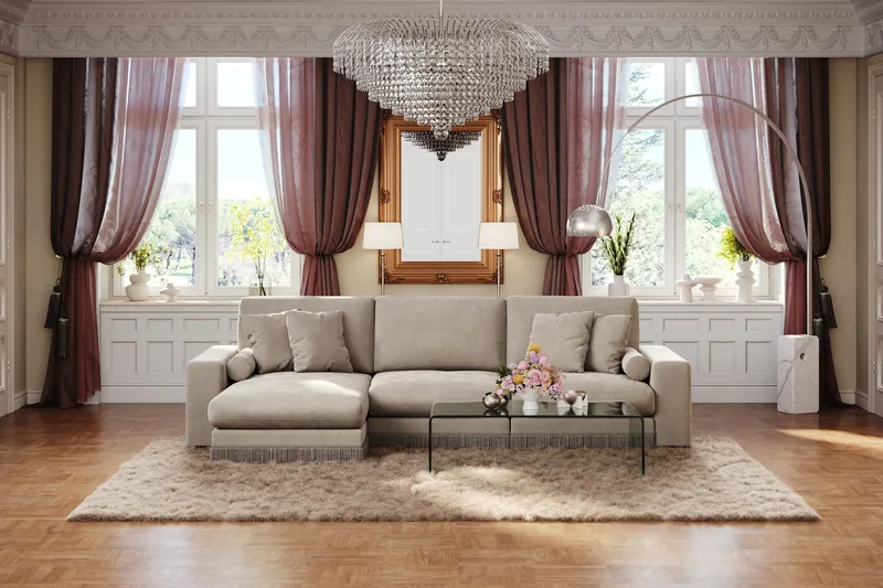 Arken Lyx 5-istuttava Käännettävä L-muotoinen Syvä Divaanisohva Sametista - Beige - Huonekalut - Sohva - Divaanisohva