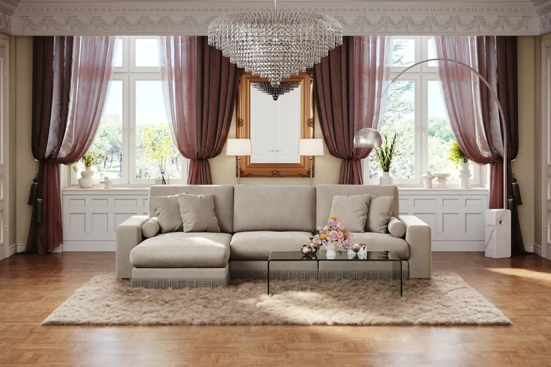 Arken Lyx 5-istuttava Käännettävä L-muotoinen Syvä Divaanisohva Sametista - Beige - Huonekalut - Sohva - Divaanisohva