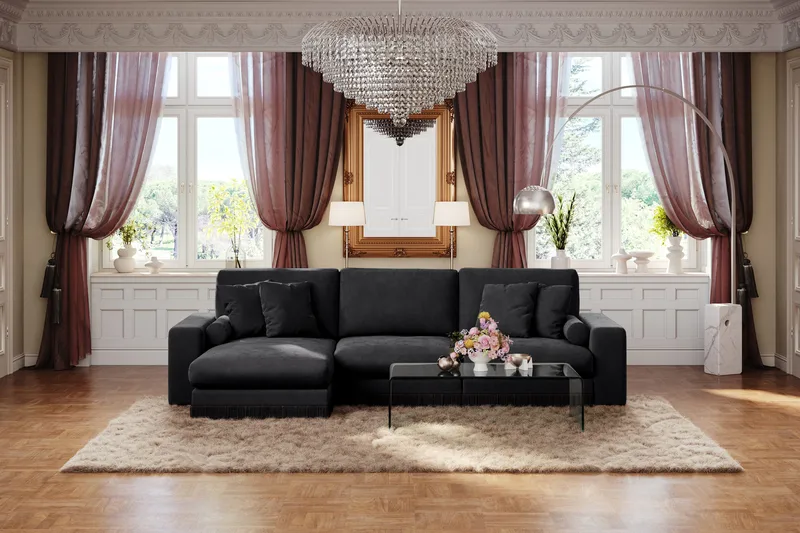 Arken Lyx 5-istuttava Käännettävä L-muotoinen Syvä Divaanisohva Sametista - Musta - Huonekalut - Sohva - Divaanisohva