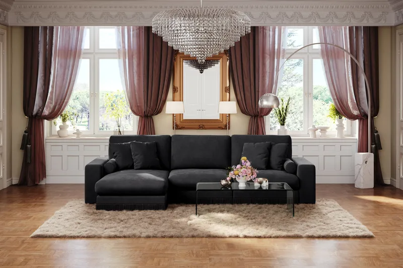 Arken Lyx 5-istuttava Käännettävä L-muotoinen Syvä Divaanisohva Sametista - Musta - Huonekalut - Sohva - Divaanisohva