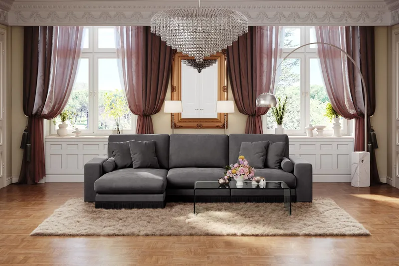 Arken Lyx 5-istuttava Käännettävä L-muotoinen Syvä Divaanisohva Sametista - Tummanharmaa - Huonekalut - Sohva - Divaanisohva