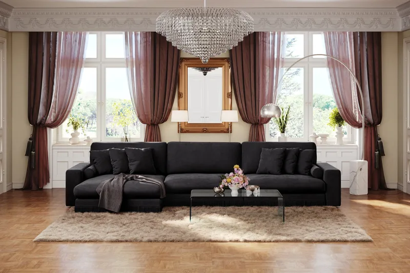 Arken Lyx 6-istuttava Käännettävä L-muotoinen Syvä Divaanisohva Sametista - Musta - Huonekalut - Sohva - Divaanisohva