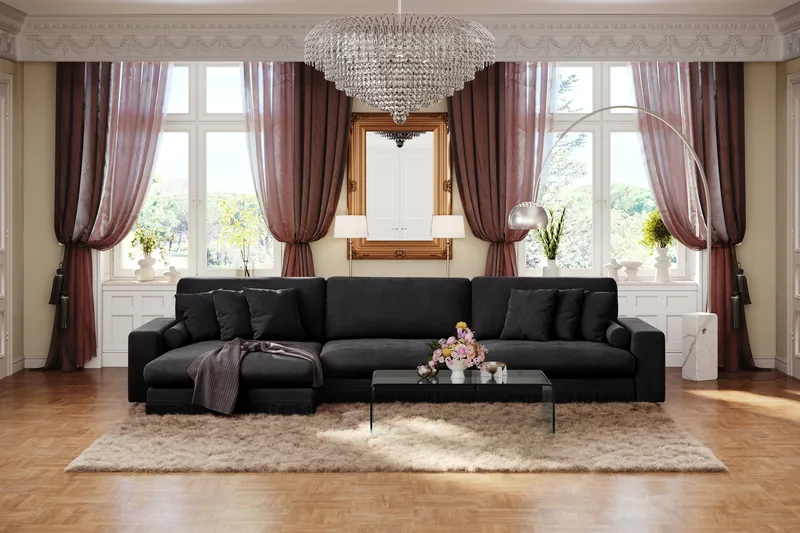 Arken Lyx 6-istuttava Käännettävä L-muotoinen Syvä Divaanisohva Sametista - Musta - Huonekalut - Sohva - Divaanisohva