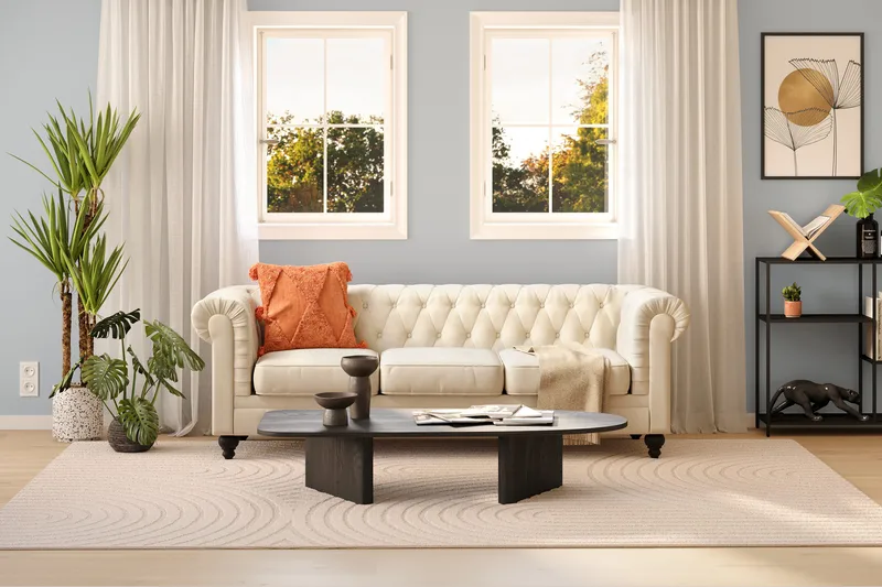 Chesterfield Lyx 3-istuttava samettisohva – Syvä sohva - Beige - Huonekalut - Sohva - 3:n istuttava sohva