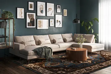 Copenhagen, 5-istuttava oikeanpuoleinen suuri U-muotoinen samettisohva, jossa on divaani ja lepotuoliosa - Beige - Huonekalut - Sohva - Divaanisohva