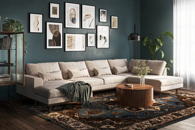 Copenhagen 5-istuttava Oikeakätinen U-muotoinen Large Sohva Divaanilla ja Divaanituolilla Sametilla - Beige - Huonekalut - Sohva - Divaanisohva