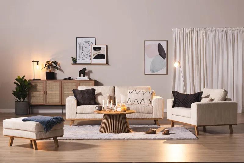 Copenhagen Sohvaryhmä 3-istuttava + 2-istuttava Sohva + Nojatuoli + Rahi Manchesterekankaalla - Beige - Huonekalut - Sohva - Sohvaryhmä