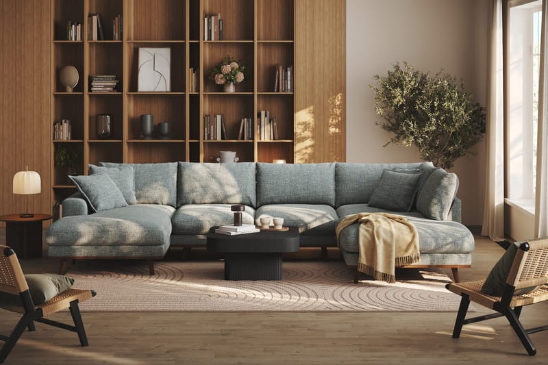 Copenhagen Premium 5-istuttava Oikeakätinen U-muotoinen Sohva Divaanilla ja Schäslongilla Chenillekankaalla - Harmaa/sininen - Huonekalut - Sohva - Divaanisohva