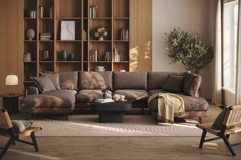 Copenhagen Premium 5-istuttava Oikeakätinen U-muotoinen Sohva Divaanilla ja Schäslongilla Kankaasta - Tummanruskea - Huonekalut - Sohva - Divaanisohva