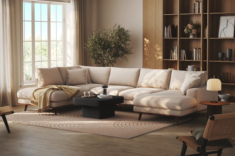 Copenhagen Premium 5-istuttava Vasenkätinen U-muotoinen Sohva Divaanilla ja Schäslongilla Bukleekankaalla - Vaalea beige - Huonekalut - Sohva - Divaanisohva